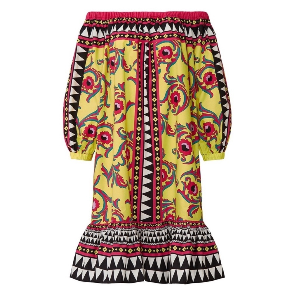 La DoubleJ Paloma short cotton trapeze dress in Cartwheel Giallo geometric print - Picture 3 of 11